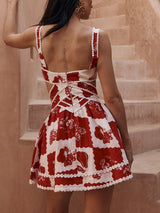 Floral Decorative Unique Print V-Neck Hollow A-Line Mini Dress - Threadford