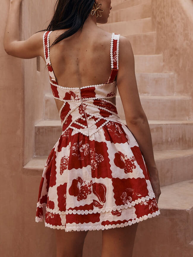 Floral Decorative Unique Print V-Neck Hollow A-Line Mini Dress - Threadford