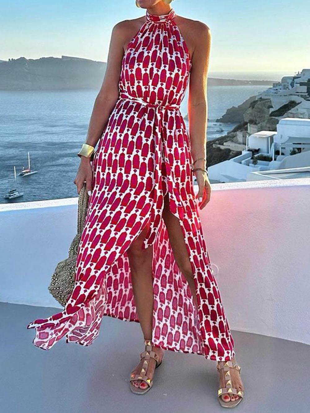 Sexy And Fashionable Printed Halter Neck Beach Slit Midi Dress - Threadford