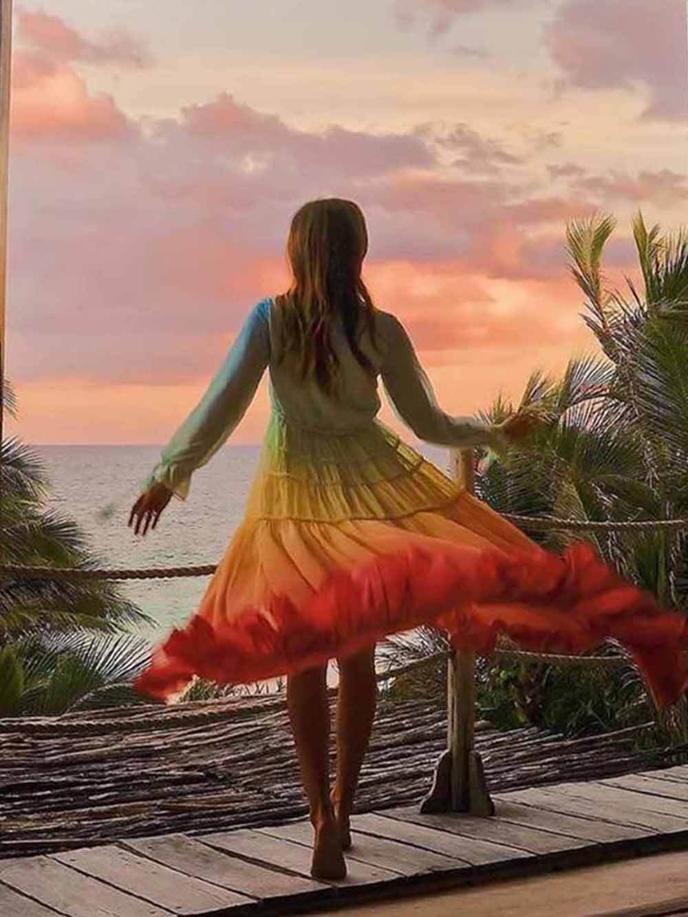 Unique Gradient Print Bohemian Rainbow Tiered Maxi Dress - Threadford