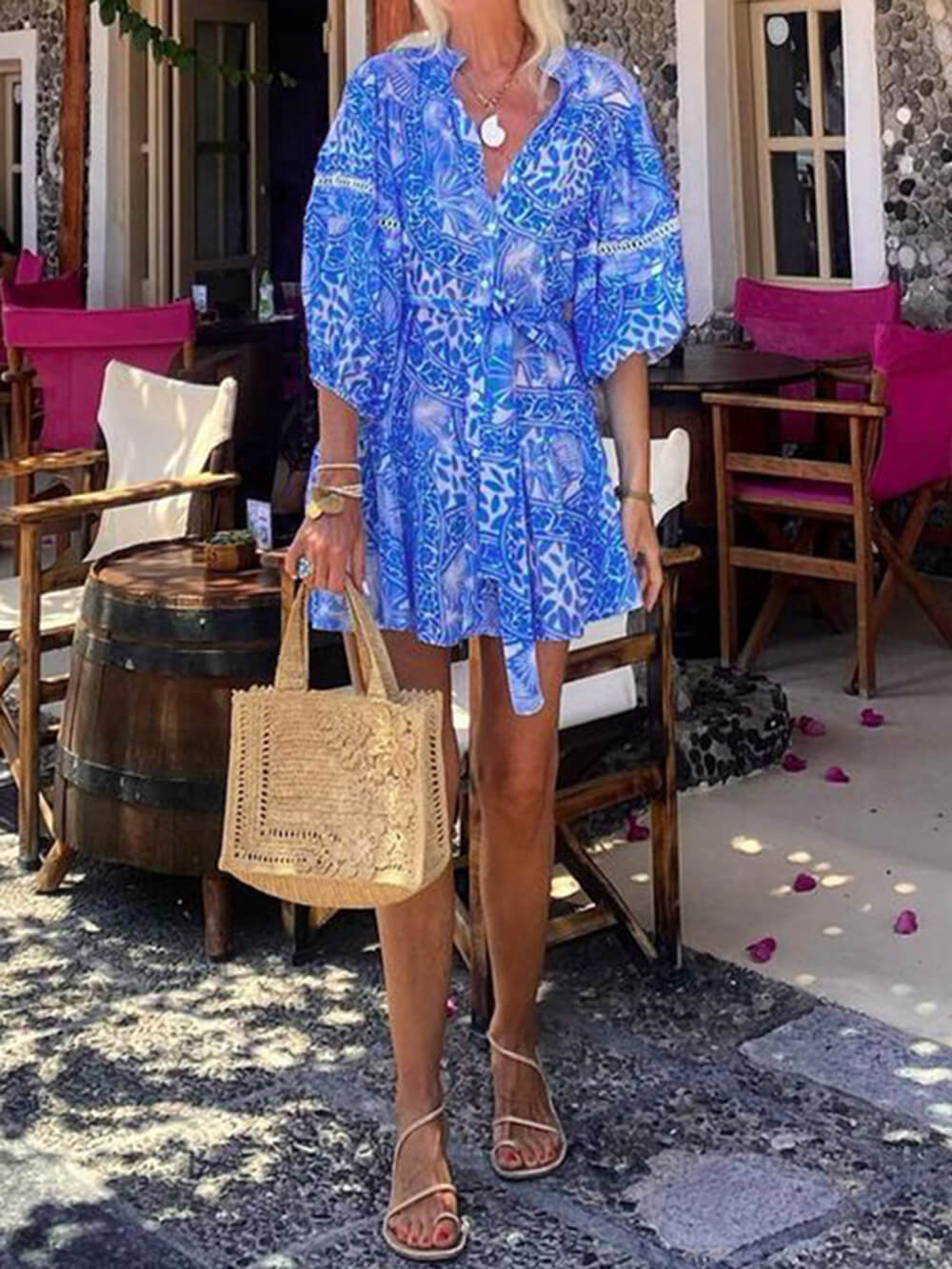 Fashion Stand Collar Shift Printed Resort Mini Dress - Threadford
