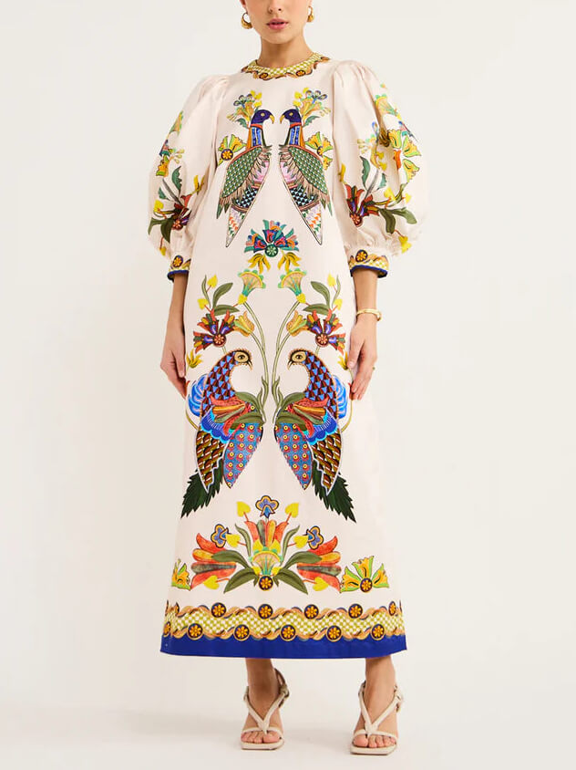 Exquisite And Fun Printed Puff Sleeves Loose Casual Midi Dress - Threadford