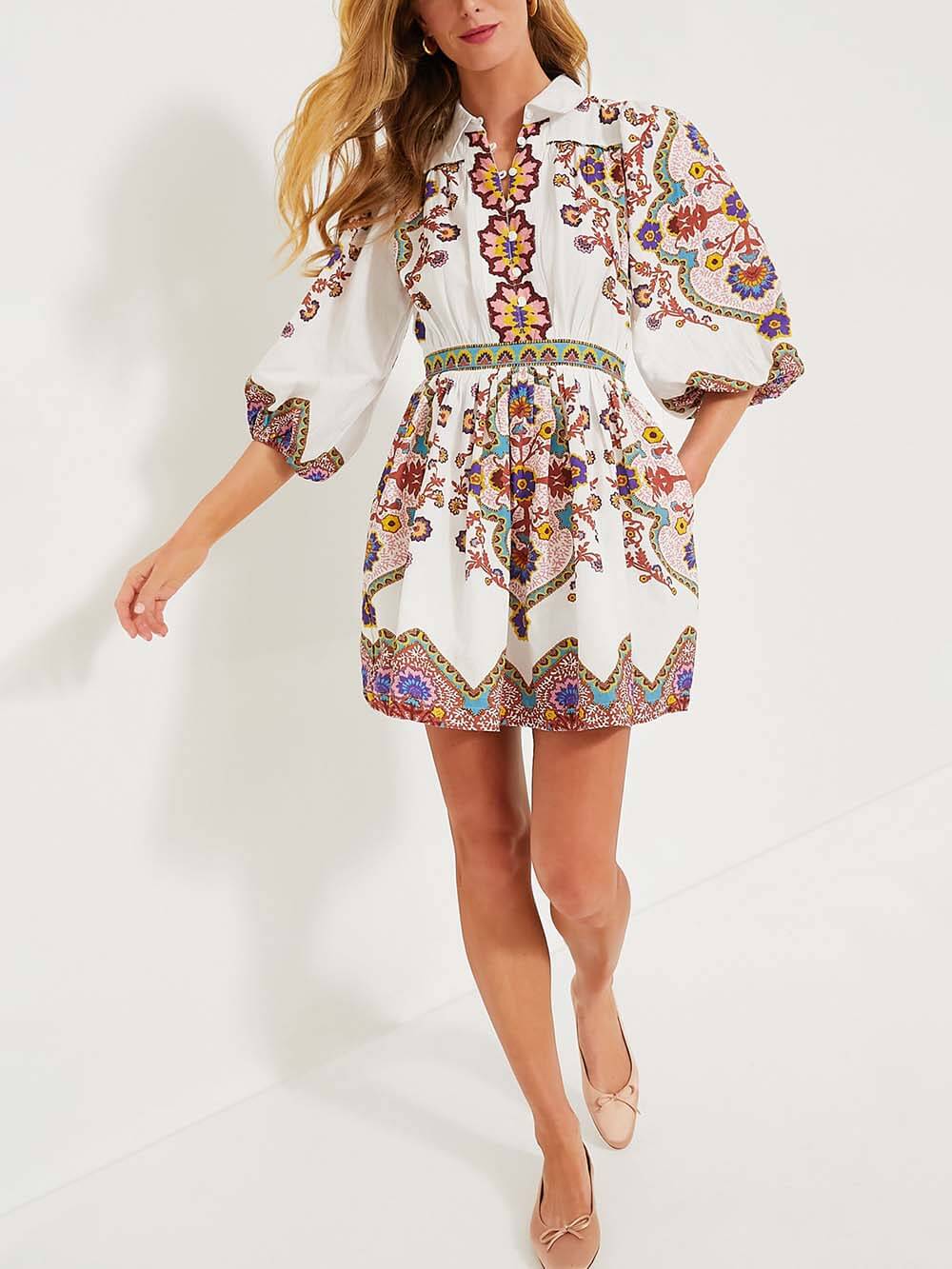 Unique Print Puff Sleeve Pocketed Shirt Mini Dress - Threadford
