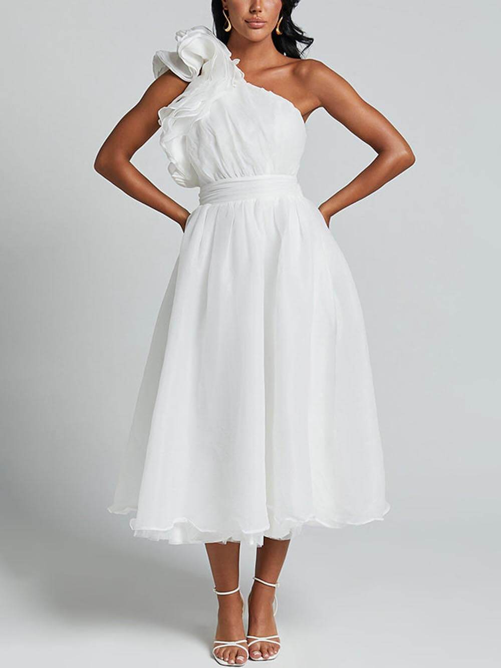 Unique Romantic Seaside One Shoulder Frill Detail Sleeve Layered Midi Dress - Threadford