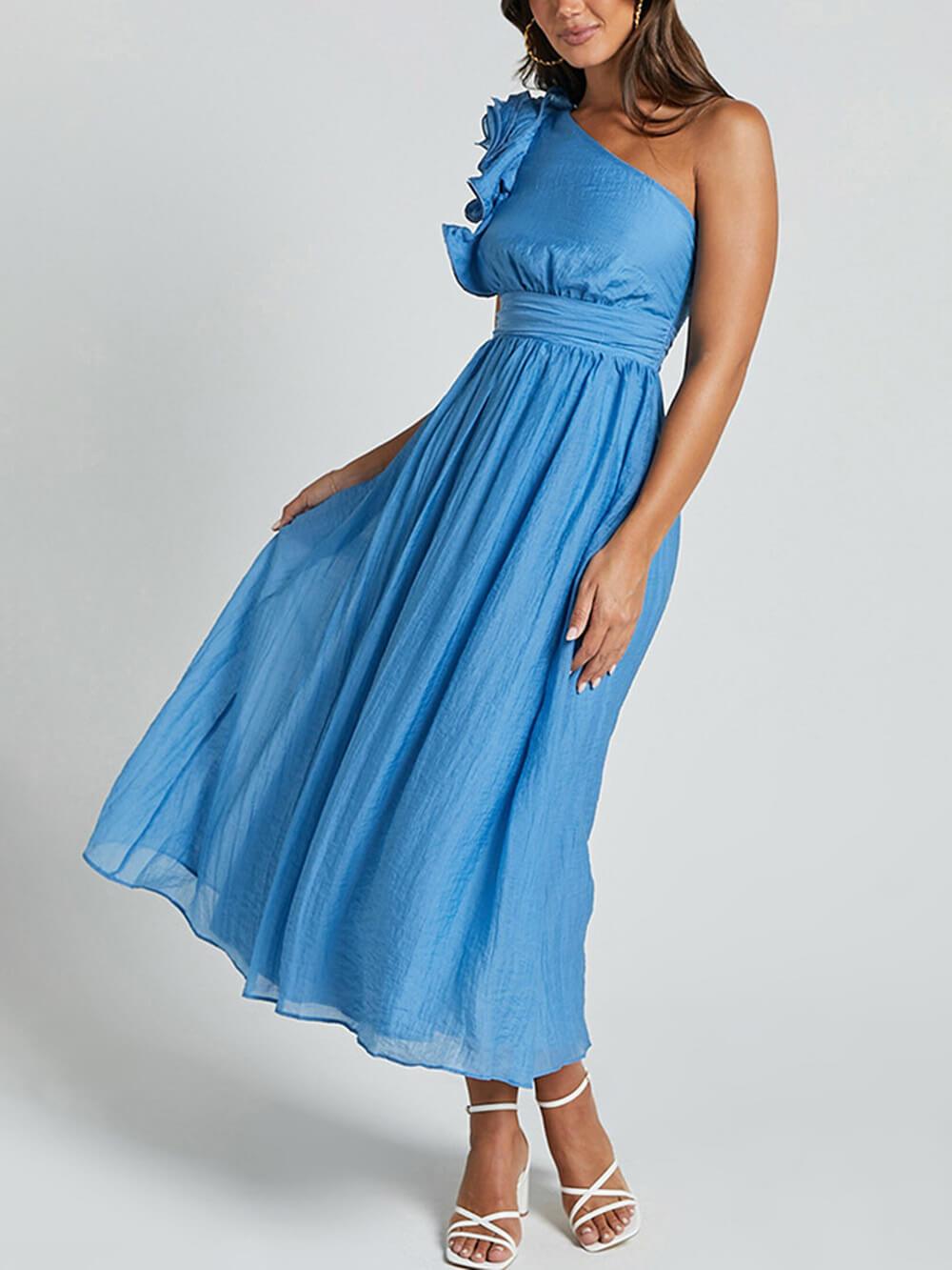 Unique Romantic Seaside One Shoulder Frill Detail Sleeve Layered Midi Dress - Threadford