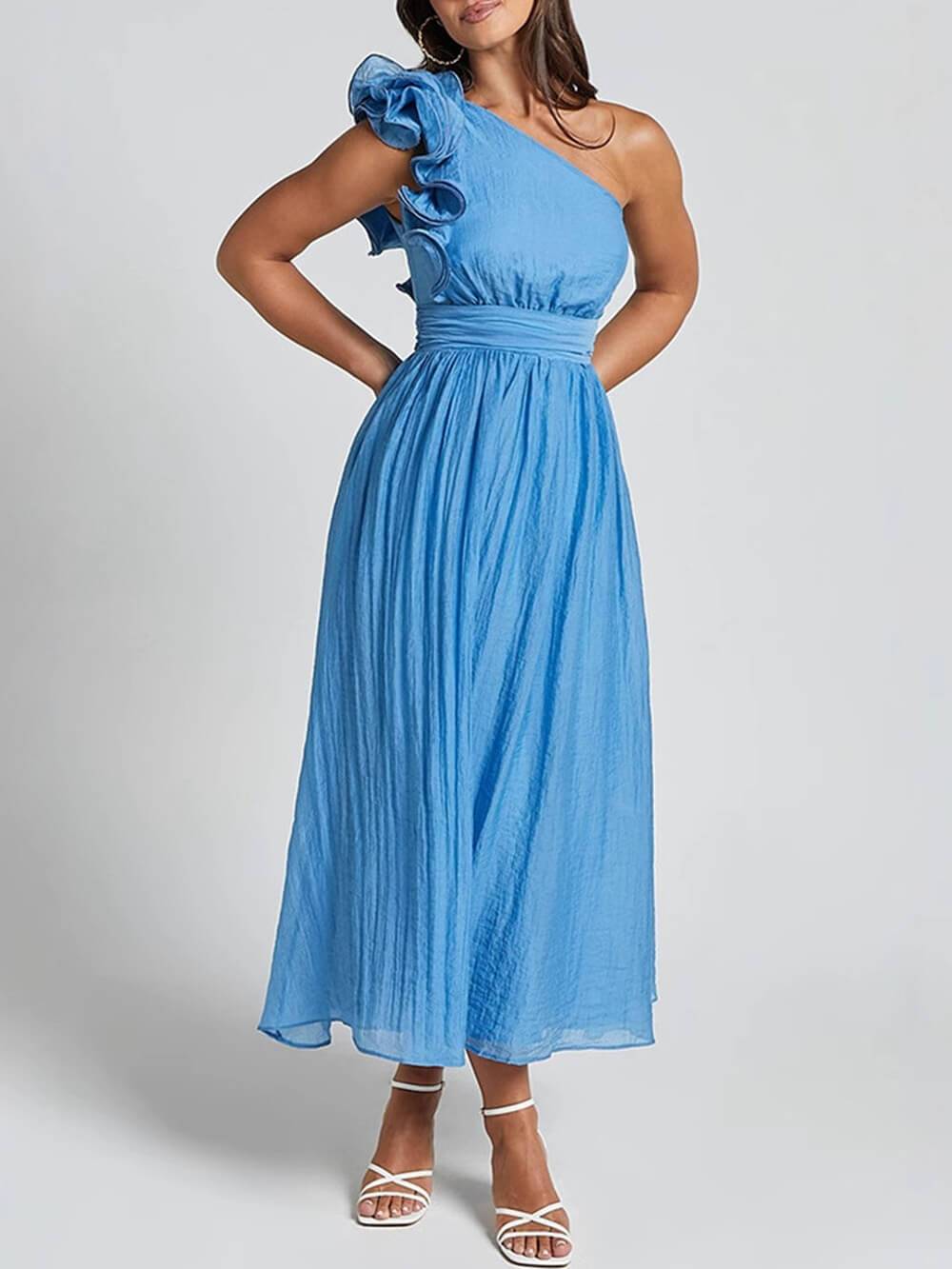 Unique Romantic Seaside One Shoulder Frill Detail Sleeve Layered Midi Dress - Threadford