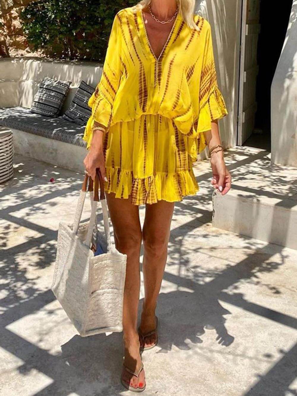Unique Tie Dye Ruffle Batwing Sleeve Elastic Waist Kaftan Mini Dress - Threadford
