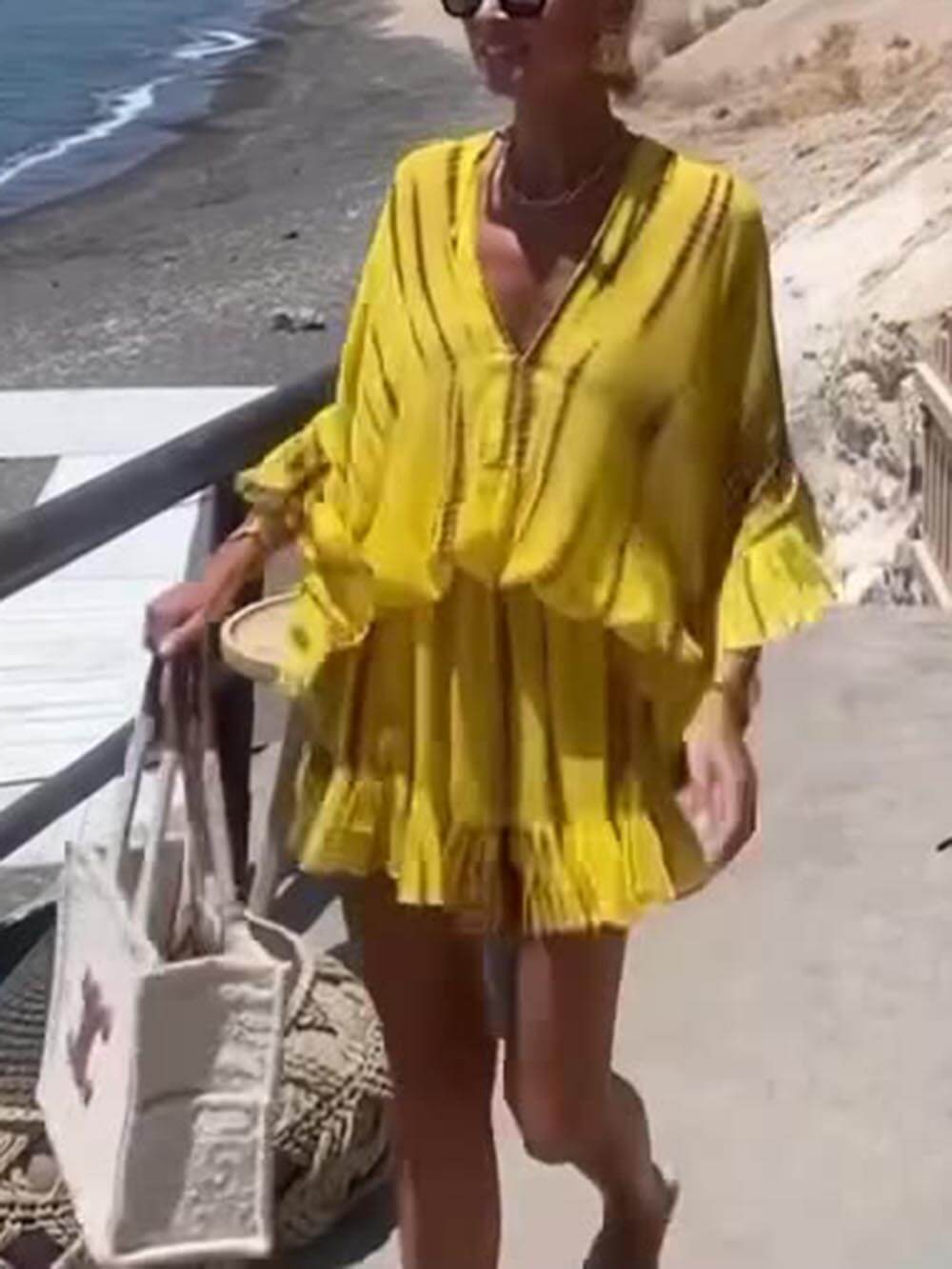 Unique Tie Dye Ruffle Batwing Sleeve Elastic Waist Kaftan Mini Dress - Threadford
