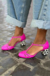 Geo T-strap Fuchsia Cable Print Chunky Heeled Shoes with Buckle - Threadford
