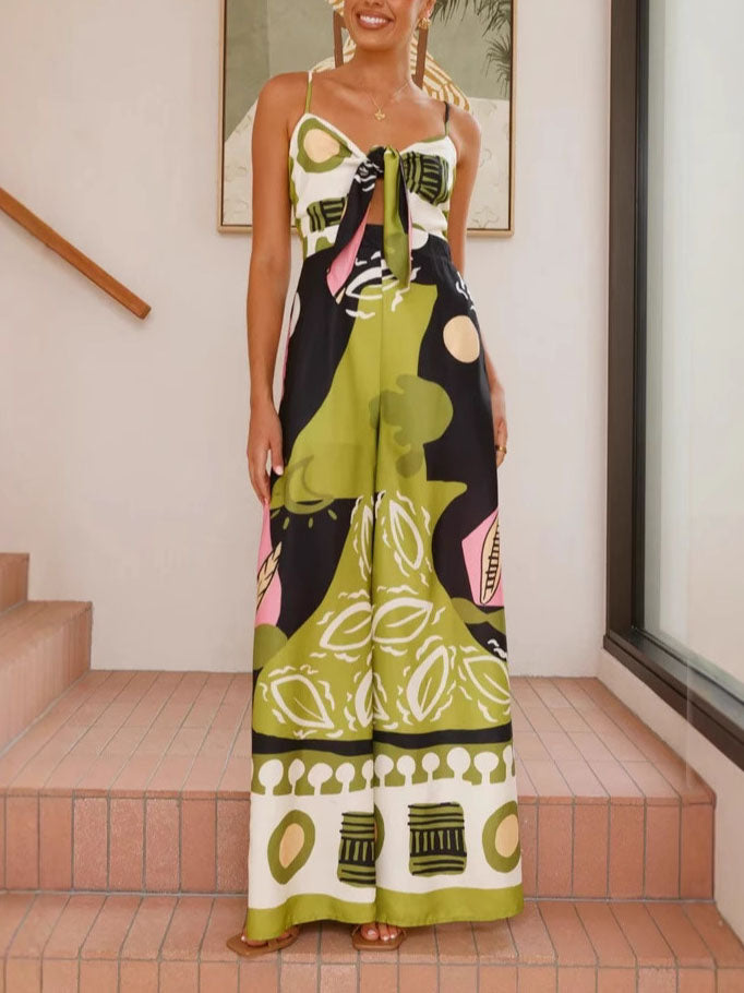 Unique Painted Print Suspenders Wide-leg Jumpsuit - Threadford