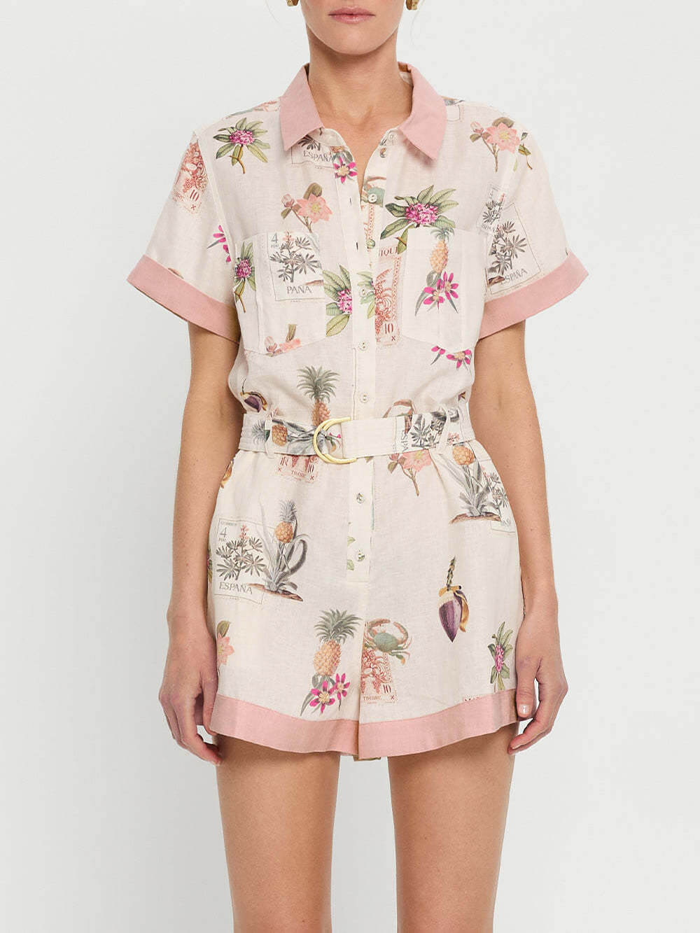 Elegant Floral Print Lace-Up Linen Cardigan Shirt Jumpsuit - Threadford