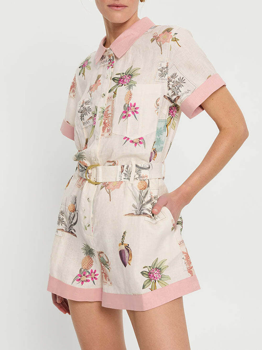 Elegant Floral Print Lace-Up Linen Cardigan Shirt Jumpsuit - Threadford