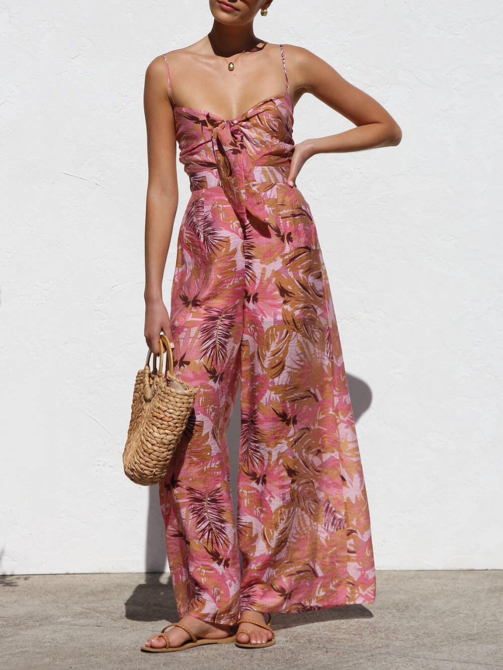 Delicate Botanical Print Strappy Resort Style Wide-leg Pants Jumpsuit - Threadford