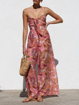 Delicate Botanical Print Strappy Resort Style Wide-leg Pants Jumpsuit - Threadford