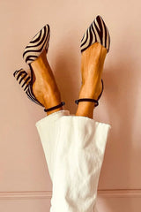 Khaki chunky heeled shoes with ankle strap, buckle, and pointed toe with zebra print - Threadford
