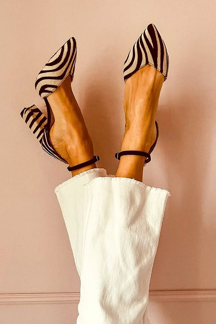 Khaki chunky heeled shoes with ankle strap, buckle, and pointed toe with zebra print - Threadford