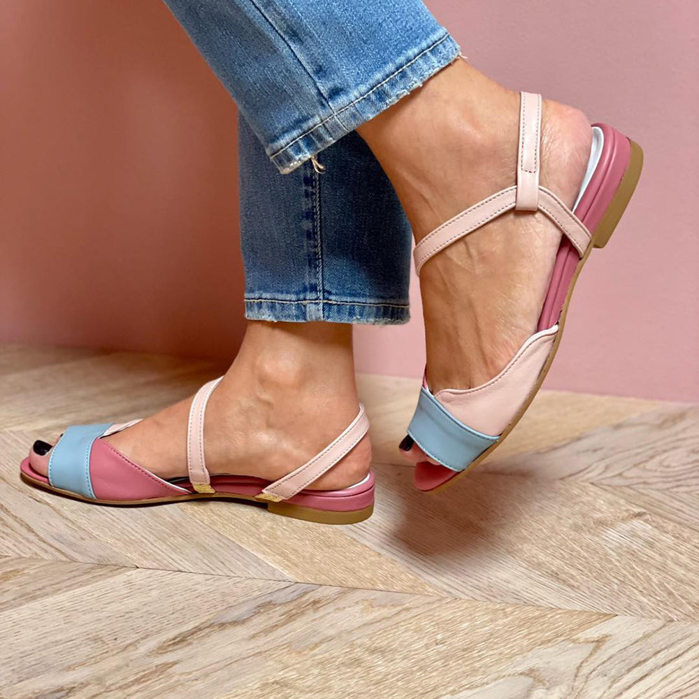 Ellela™ | Elegant asymmetric pink sandals with block colour details - Threadford