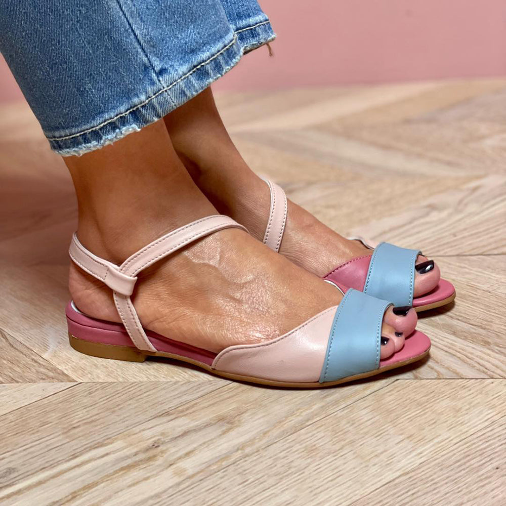 Ellela™ | Elegant asymmetric pink sandals with block colour details - Threadford