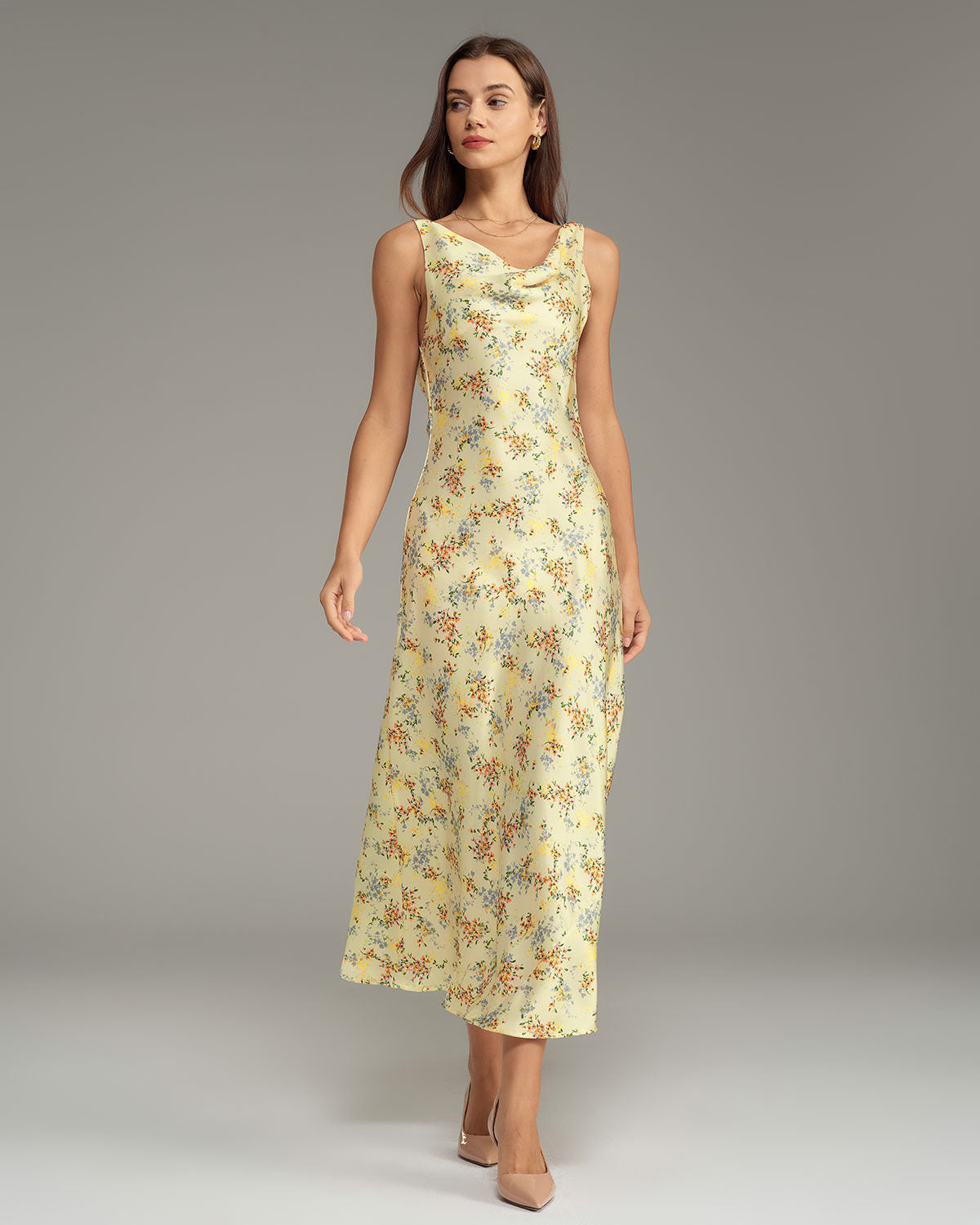 Apricot Floral Cowl Neck Sleeveless Maxi Dress - Threadford