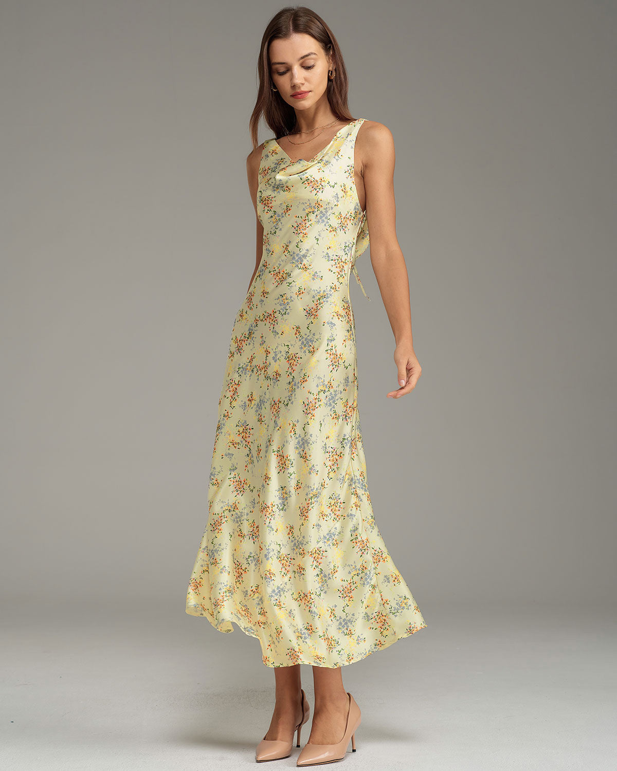 Apricot Floral Cowl Neck Sleeveless Maxi Dress - Threadford