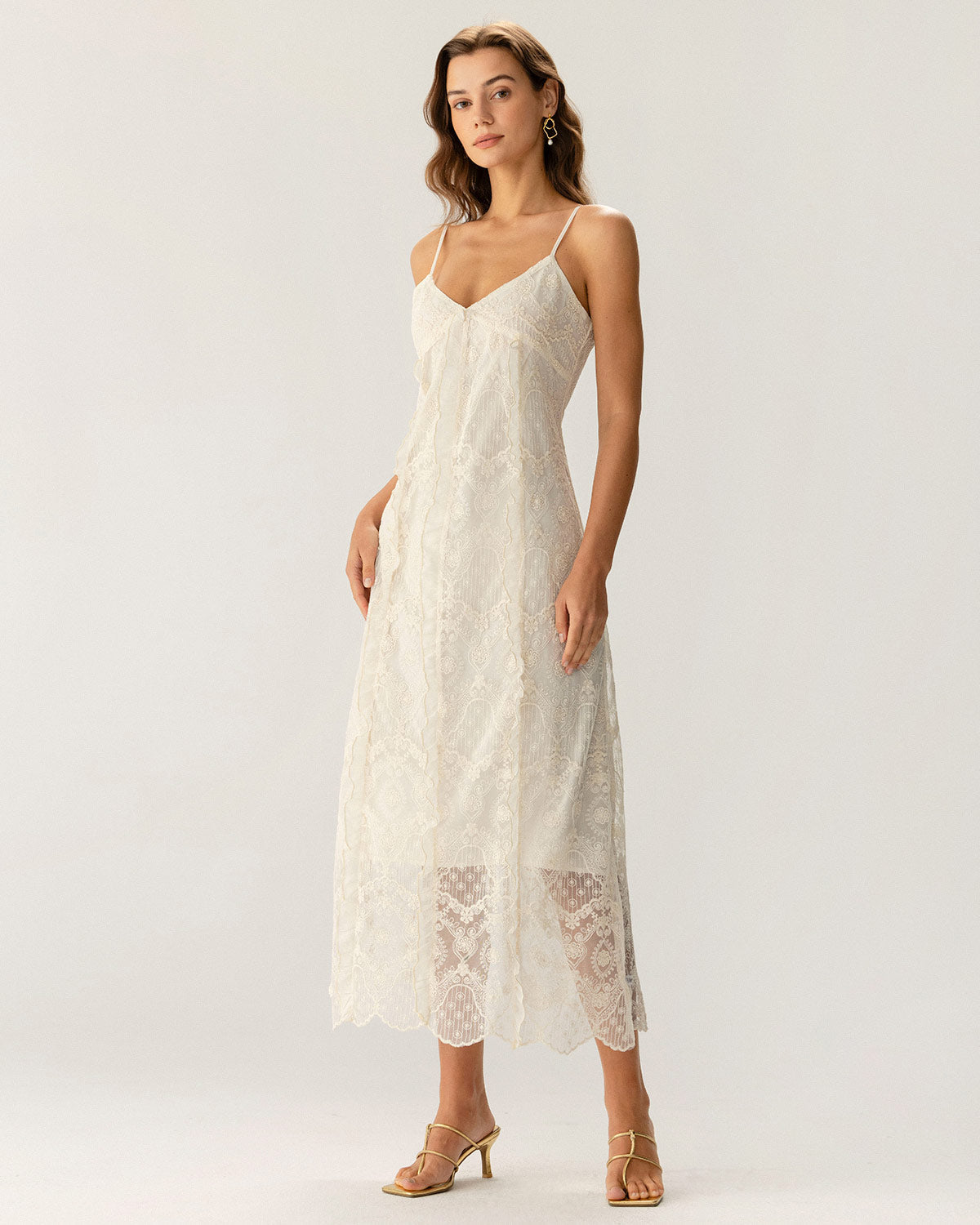 Apricot Textured Lace Slip Maxi Dresses - Threadford