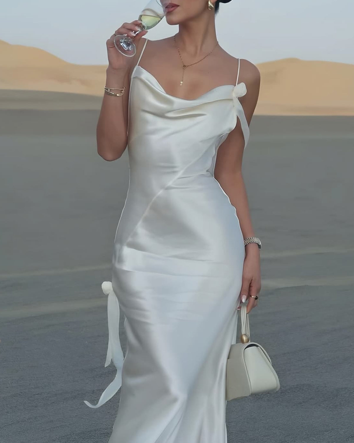 Beige Ruched Backless Slip Maxi Dress - Threadford