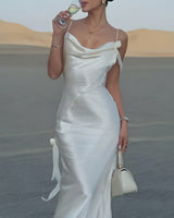 Beige Ruched Backless Slip Maxi Dress - Threadford