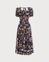 Black Floral Square Neck Shirred Maxi Dress - Threadford