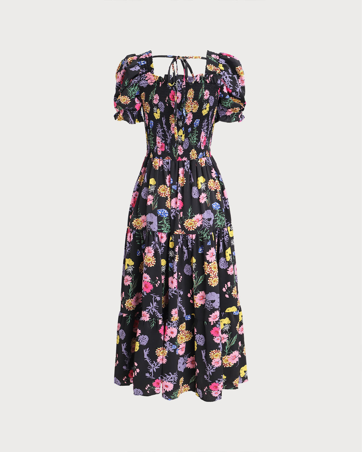 Black Floral Square Neck Shirred Maxi Dress - Threadford