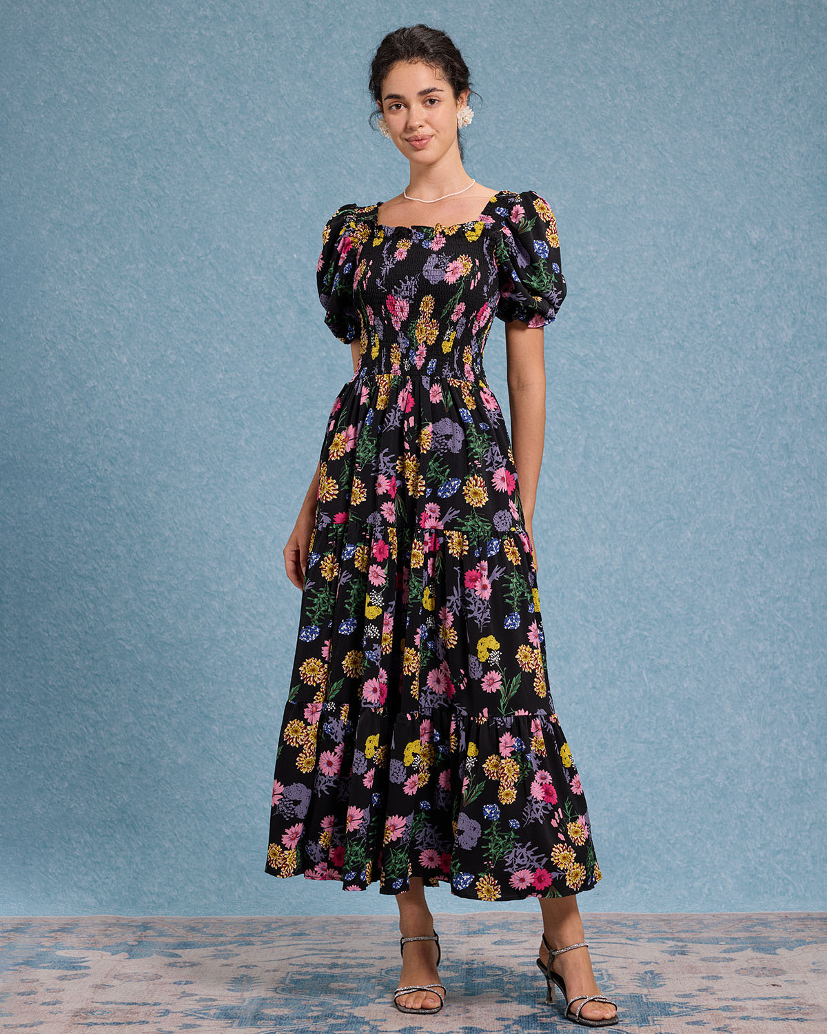 Black Floral Square Neck Shirred Maxi Dress - Threadford
