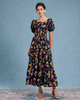 Black Floral Square Neck Shirred Maxi Dress - Threadford