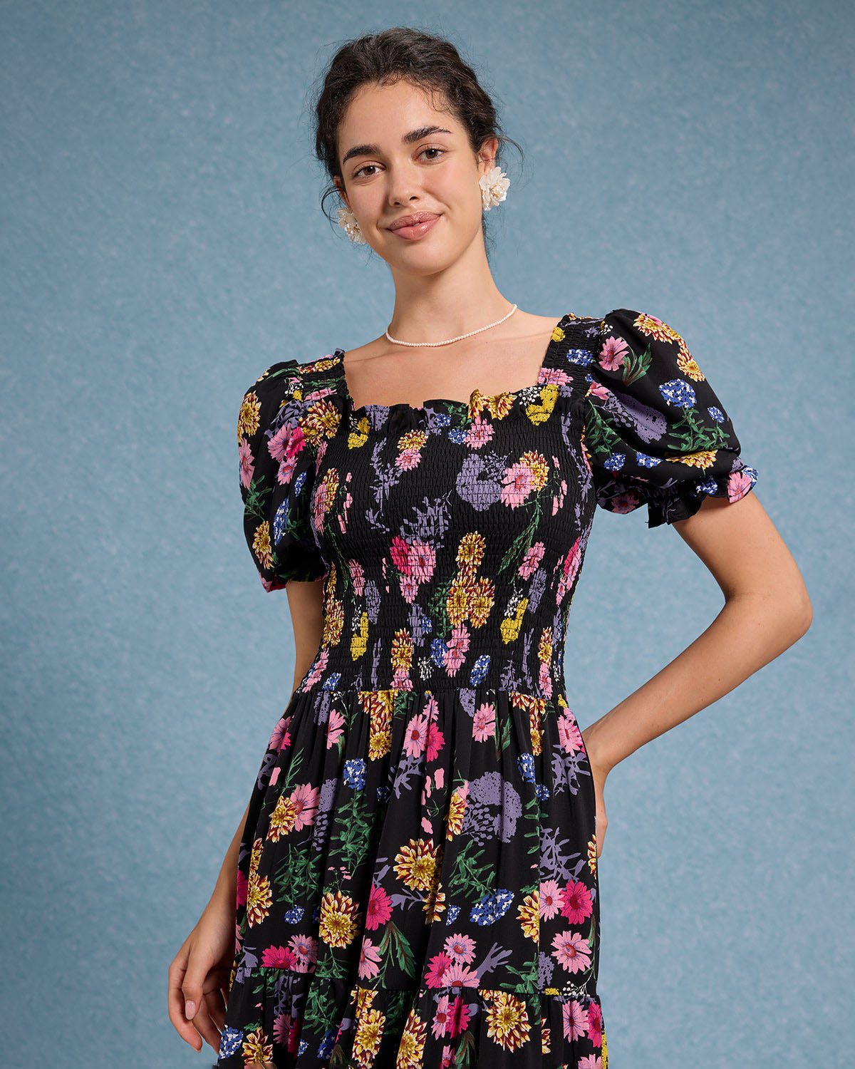 Black Floral Square Neck Shirred Maxi Dress - Threadford