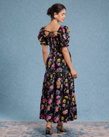 Black Floral Square Neck Shirred Maxi Dress - Threadford