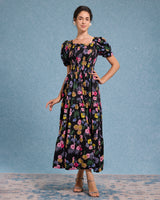 Black Floral Square Neck Shirred Maxi Dress - Threadford
