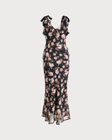 Black Floral Ruffle Sleeveless Maxi Dress - Threadford