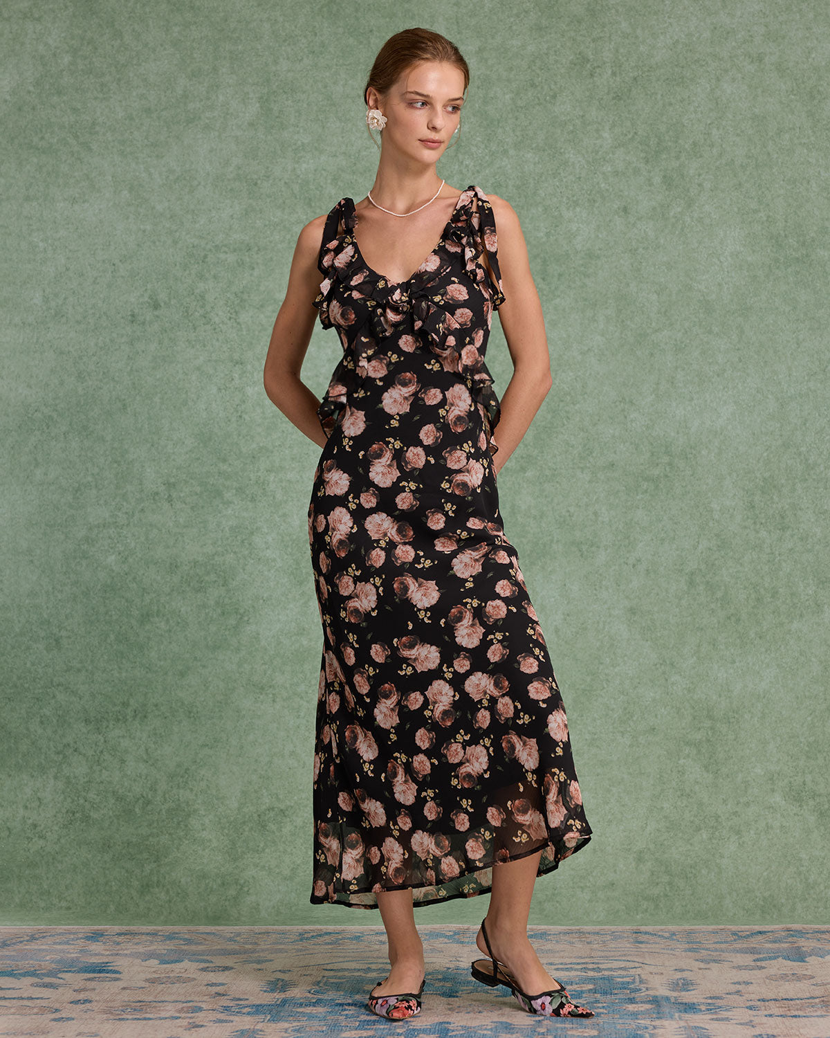 Black Floral Ruffle Sleeveless Maxi Dress - Threadford