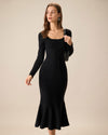 Women's Black Square Neck Mermaid Sweater Maxi Dress - Threadford