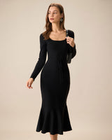 Women's Black Square Neck Mermaid Sweater Maxi Dress - Threadford