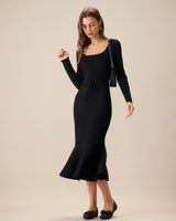 Women's Black Square Neck Mermaid Sweater Maxi Dress - Threadford