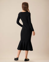 Women's Black Square Neck Mermaid Sweater Maxi Dress - Threadford