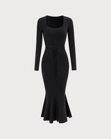 Women's Black Square Neck Mermaid Sweater Maxi Dress - Threadford