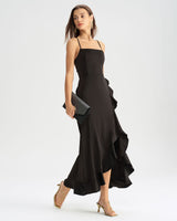 Black Ruffle Backless Slip Maxi Dress - Threadford
