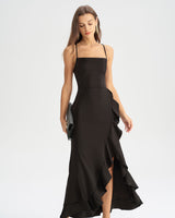 Black Ruffle Backless Slip Maxi Dress - Threadford