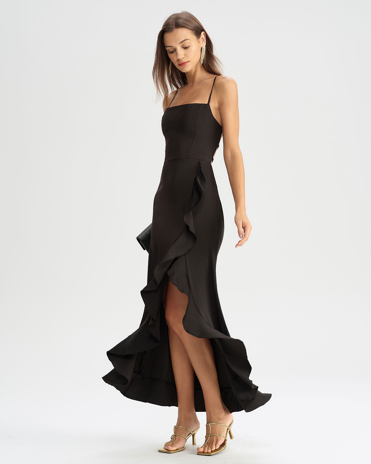 Black Ruffle Backless Slip Maxi Dress - Threadford