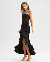 Black Ruffle Backless Slip Maxi Dress - Threadford