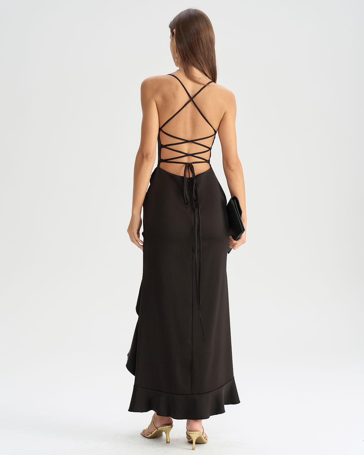 Black Ruffle Backless Slip Maxi Dress - Threadford