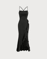 Black Ruffle Backless Slip Maxi Dress - Threadford