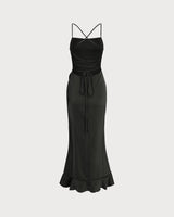 Black Ruffle Backless Slip Maxi Dress - Threadford