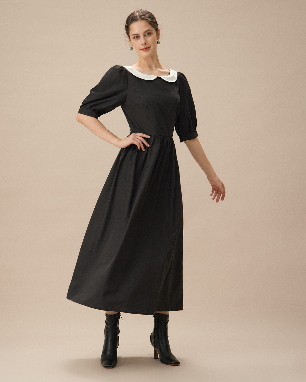 Black Contrasting Puffed Sleeve Maxi Dress - Threadford