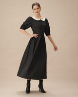 Black Contrasting Puffed Sleeve Maxi Dress - Threadford